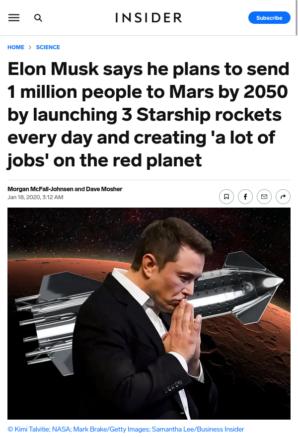 Elon Musk says he plans to send 1 million people to Mars by 2050